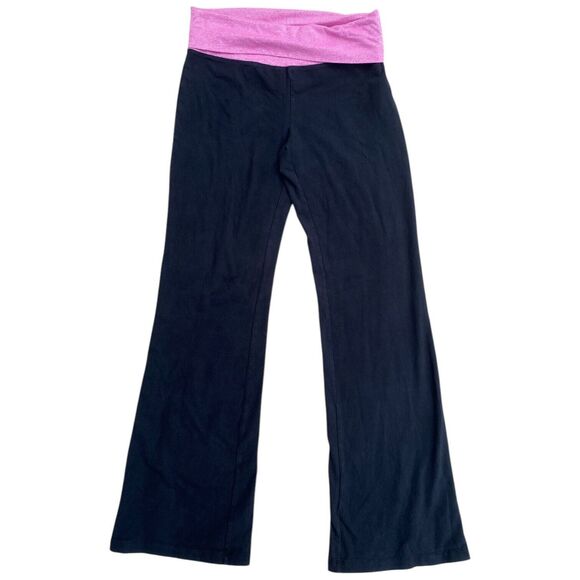 Y2K VS PINK M Foldover Black Flare Leggings Pink Silver Logo Low Rise Vtg - Picture 4 of 15